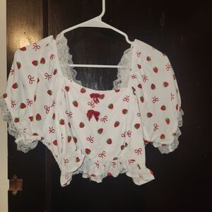 White Strawberry Print Puff Sleeve Top